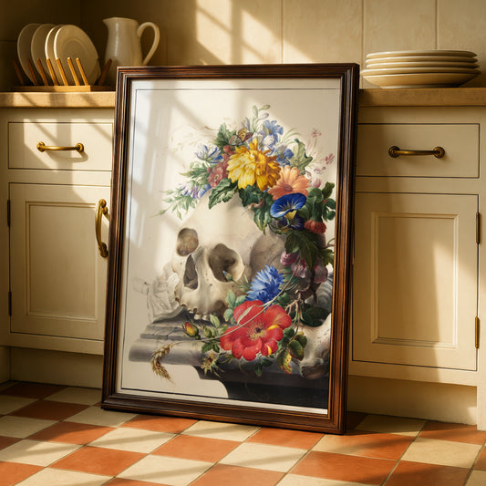 Halloween Skull Floral Poster, Vanitas Wall Art, Gothic Botanical Print, Dark Academia Decor