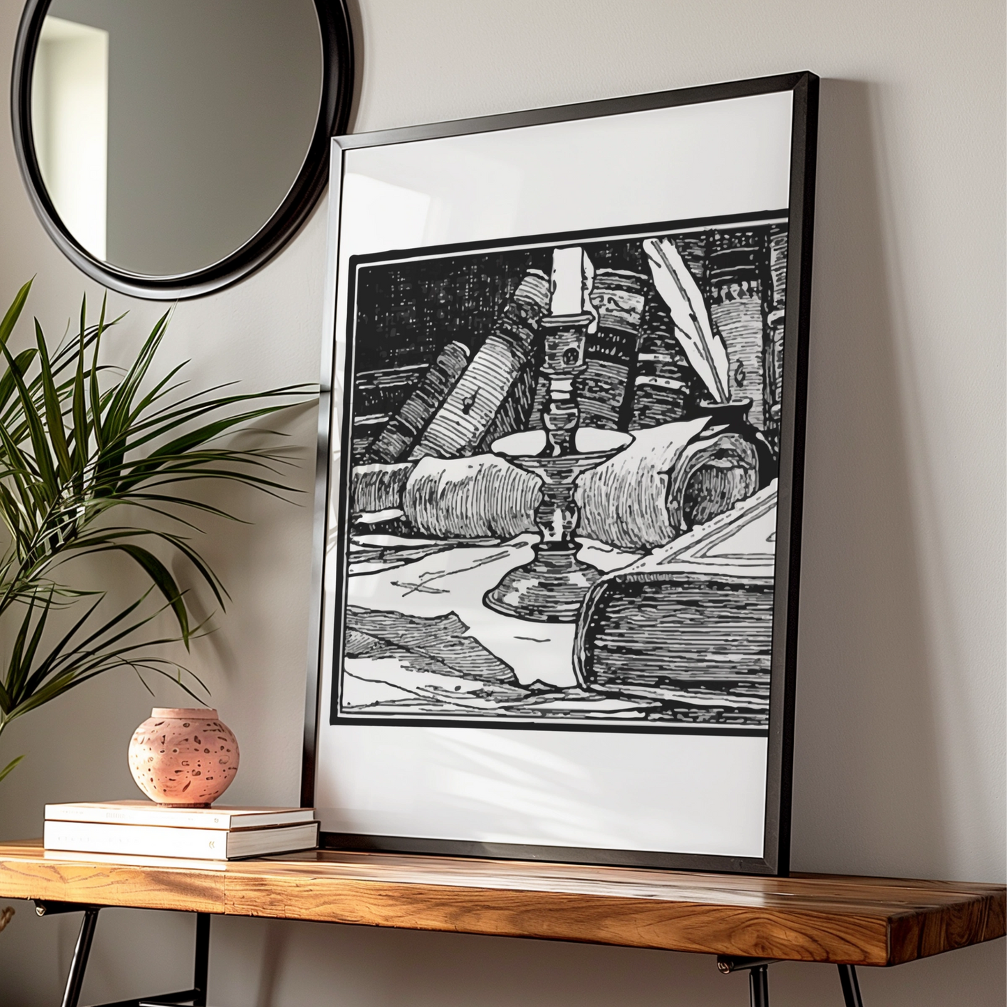 Halloween Witch Study Poster, Dark Academia Candle Books Wall Art, Gothic Black White Print