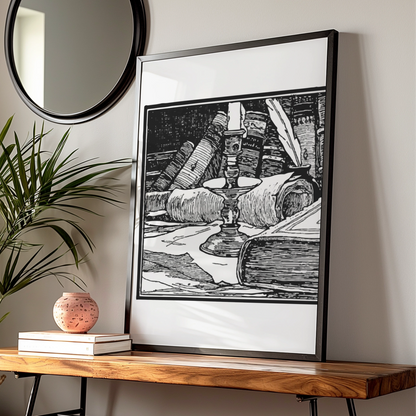Halloween Witch Study Poster, Dark Academia Candle Books Wall Art, Gothic Black White Print