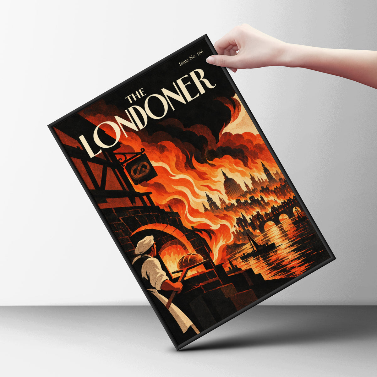 Great Fire of London Poster, Vintage Magazine Cover Wall Art, Baker and Flames Art Print