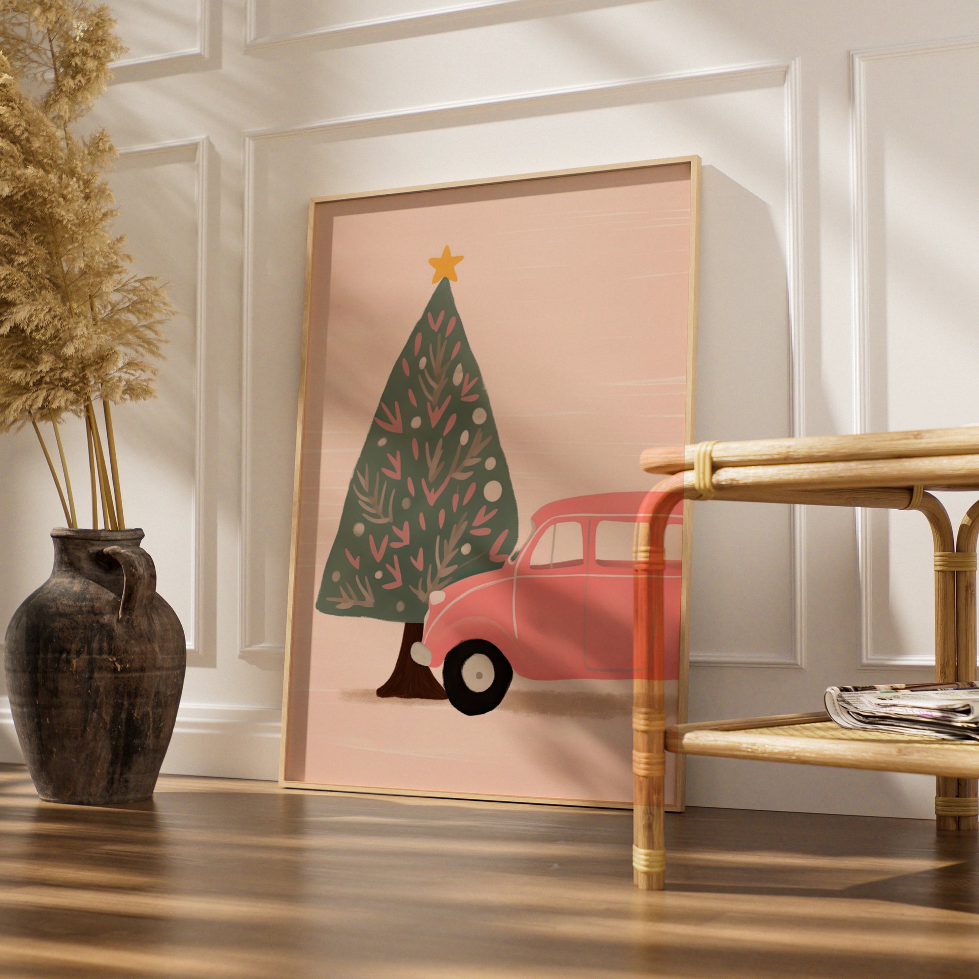 Pink Retro Car Christmas Poster, Festive Tree Wall Art, Cute Xmas Print, Holiday Home Decor