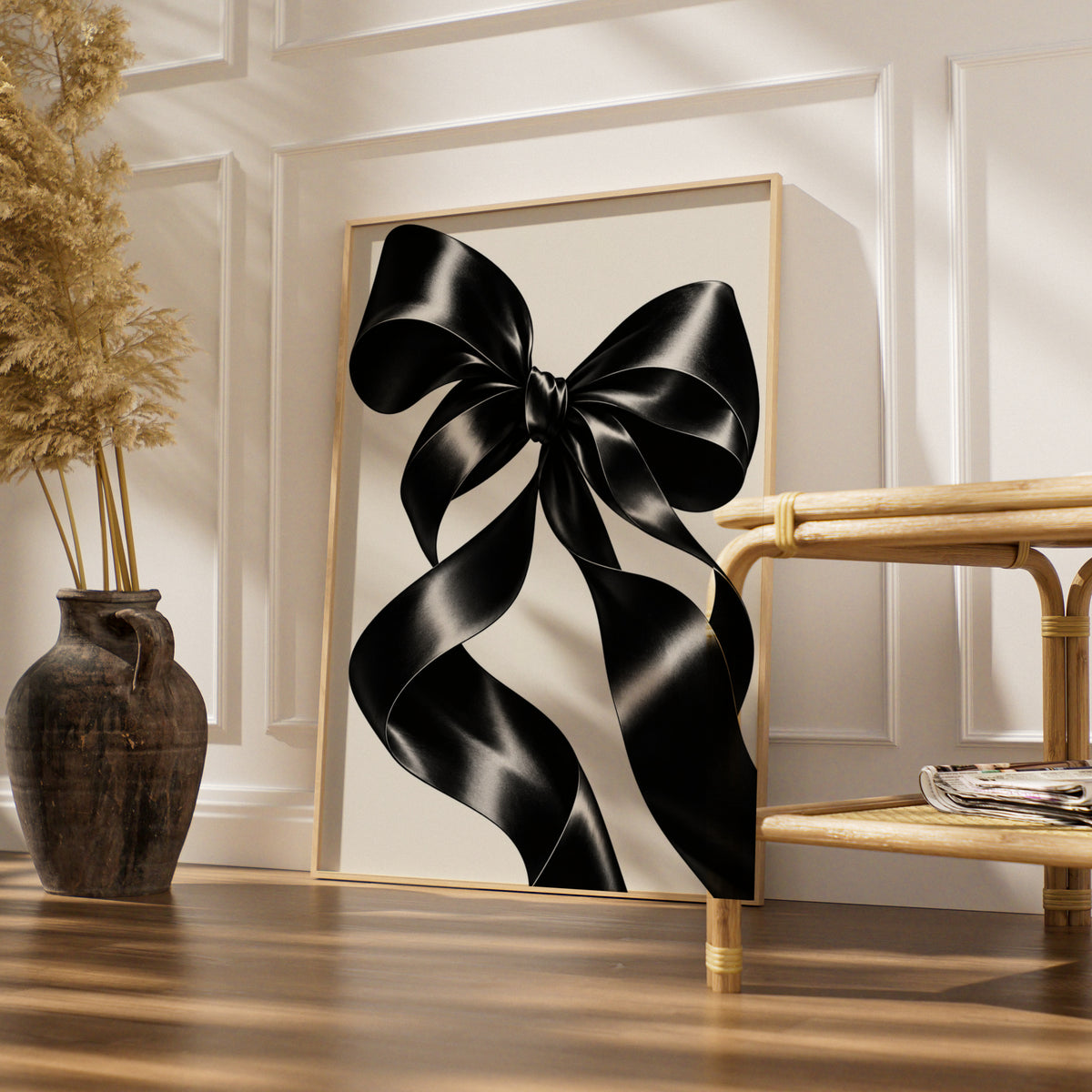 Black Satin Ribbon Bow Print, Monochrome Wall Art, Minimalist Poster, Modern Wall Decor