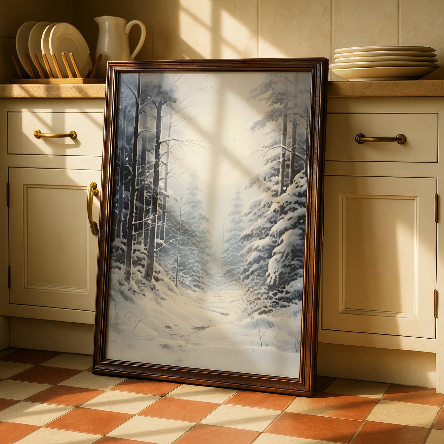 Snowy Winter Forest Christmas Poster, Grey White Woodland Wall Art, Festive Nature Print