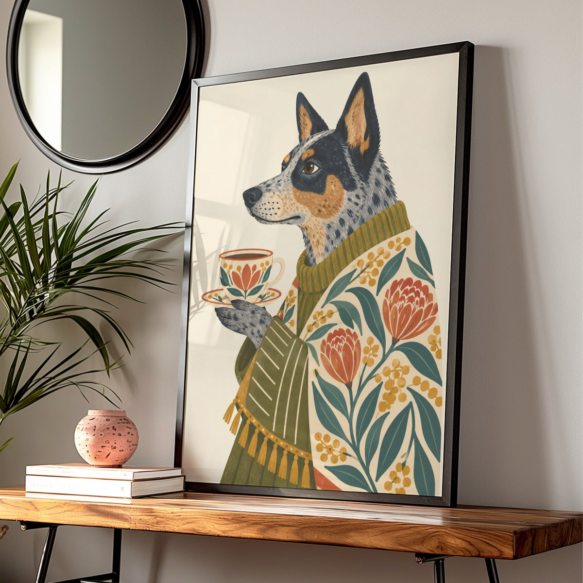 Australian Cattle Dog Art Print, Blue Heeler with Tea Cup, Floral Folk Wall Art — Digital Download