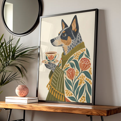 Australian Cattle Dog Art Print, Blue Heeler with Tea Cup, Floral Folk Wall Art — Digital Download
