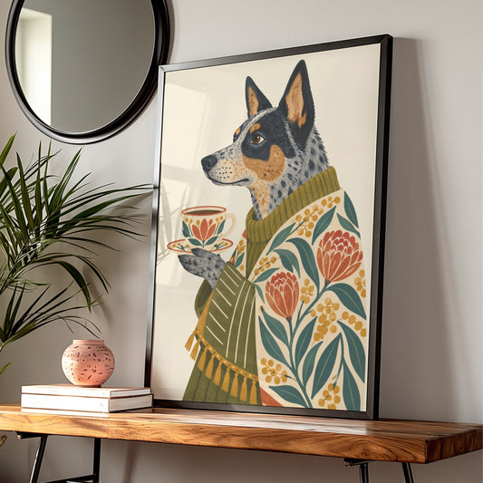 Australian Cattle Dog Art Print, Blue Heeler with Tea Cup, Floral Folk Wall Art — Digital Download