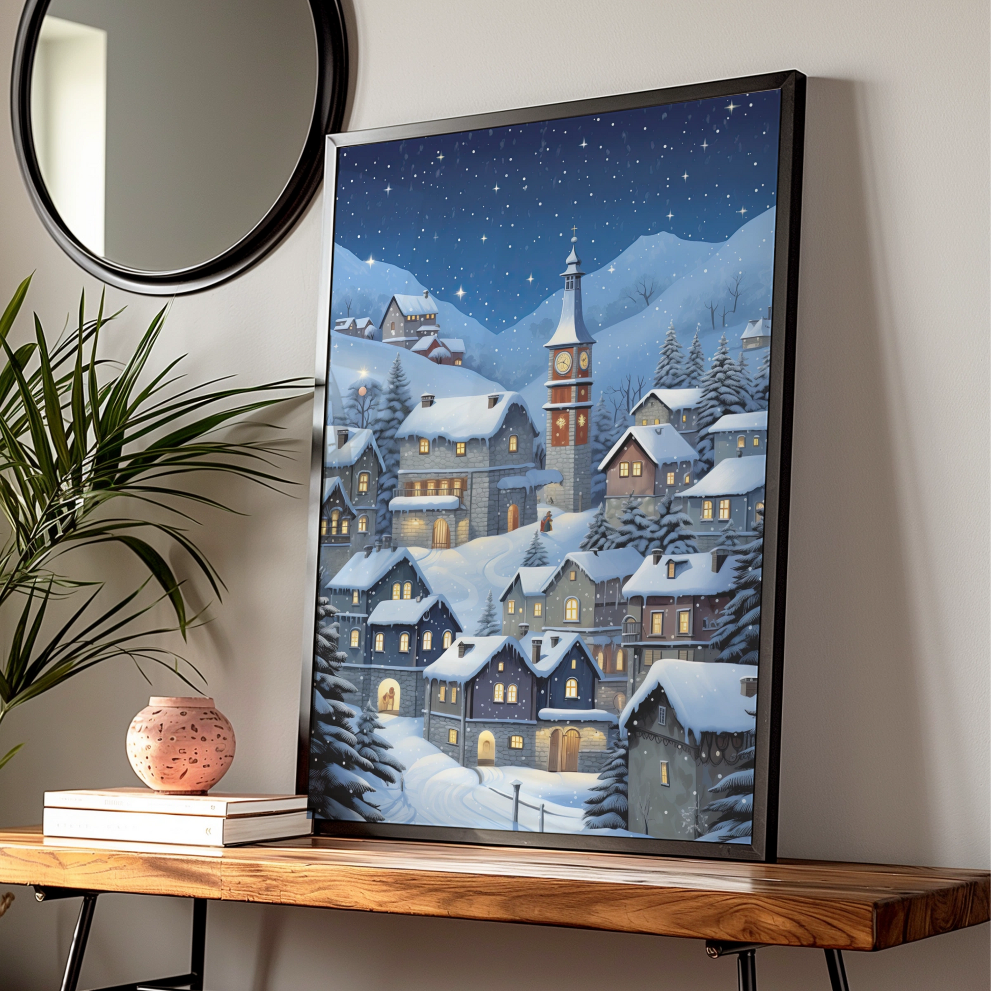 Christmas Village Poster, Snowy Winter Night Wall Art, Clock Tower Scene, Festive Holiday Print