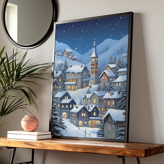 Christmas Village Poster, Snowy Winter Night Wall Art, Clock Tower Scene, Festive Holiday Print
