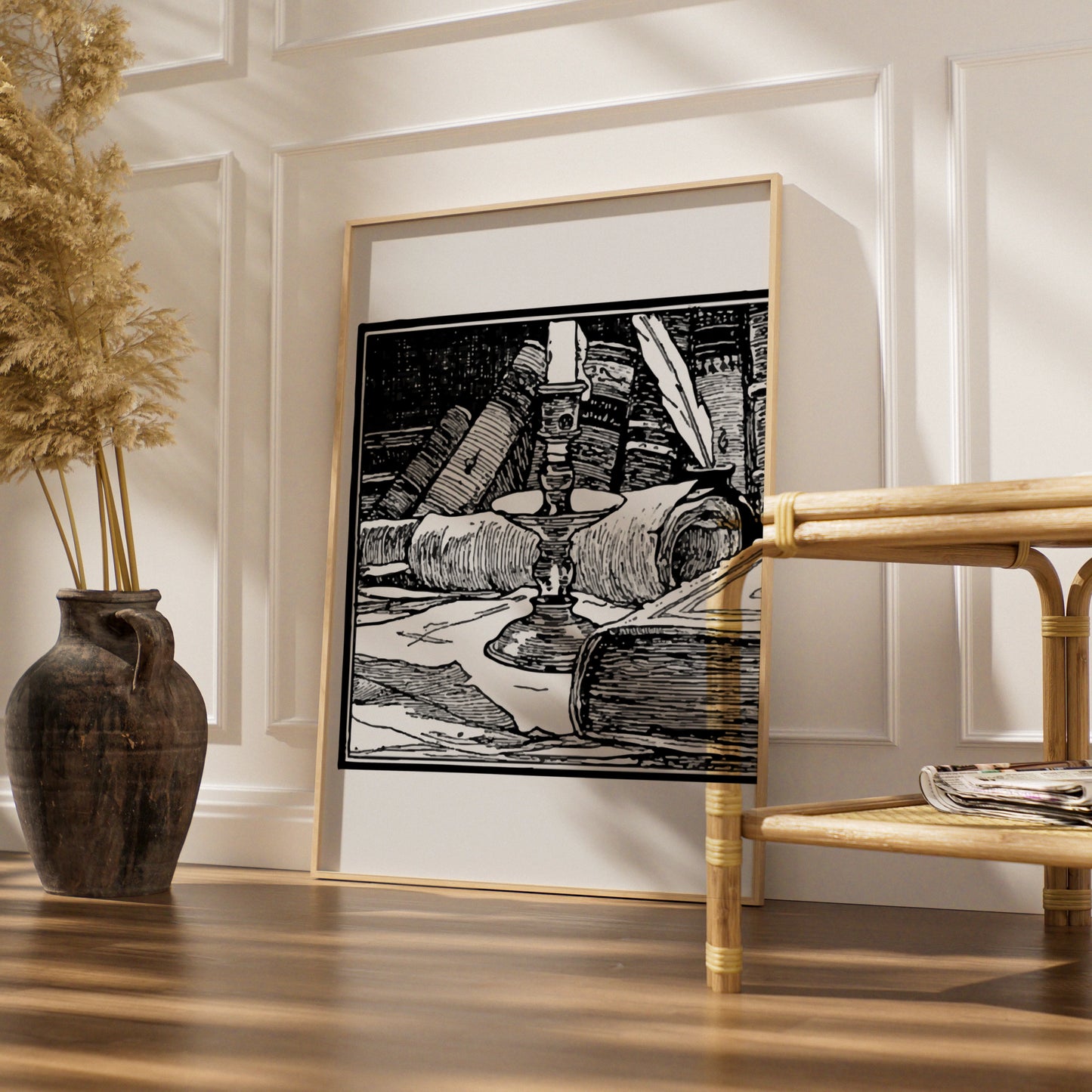 Halloween Witch Study Poster, Dark Academia Candle Books Wall Art, Gothic Black White Print