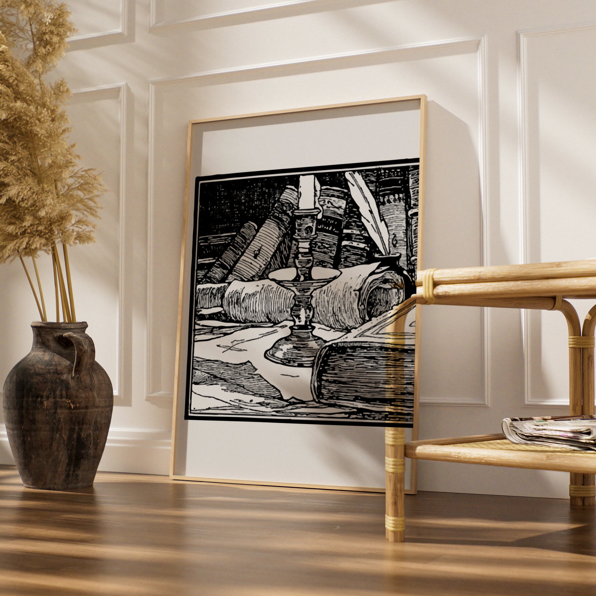 Halloween Witch Study Poster, Dark Academia Candle Books Wall Art, Gothic Black White Print