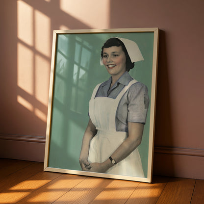 Vintage Nurse Portrait Poster, Retro Halloween Costume Wall Art, 1950s Teal Print