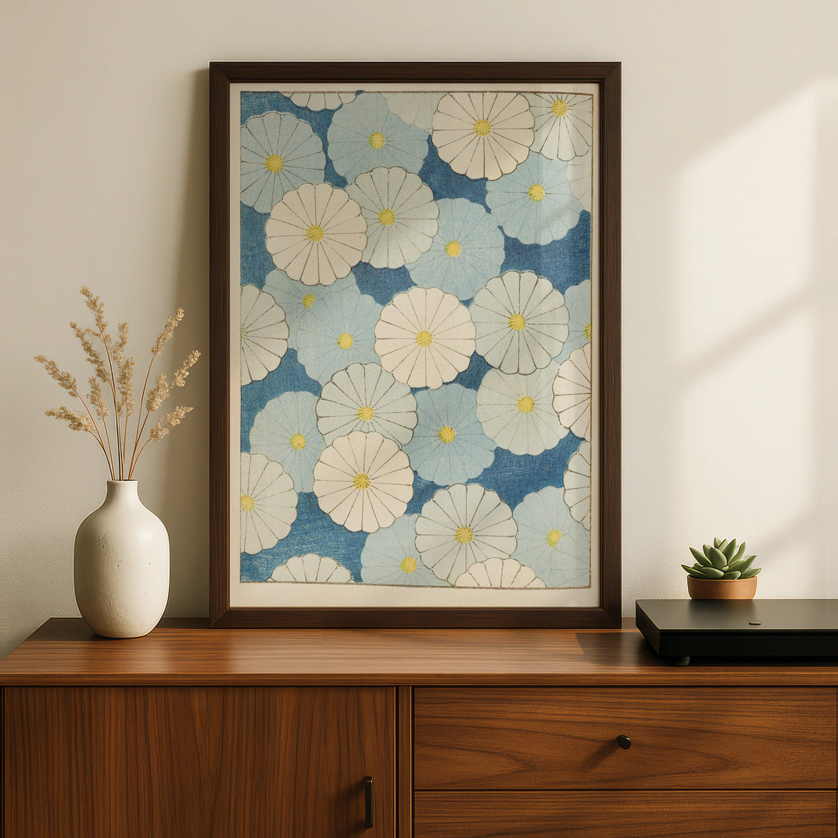 Japanese Botanical Print, Vintage Floral Woodblock Wall Art, Blue Chrysanthemum Japandi Poster – A5 Black frame