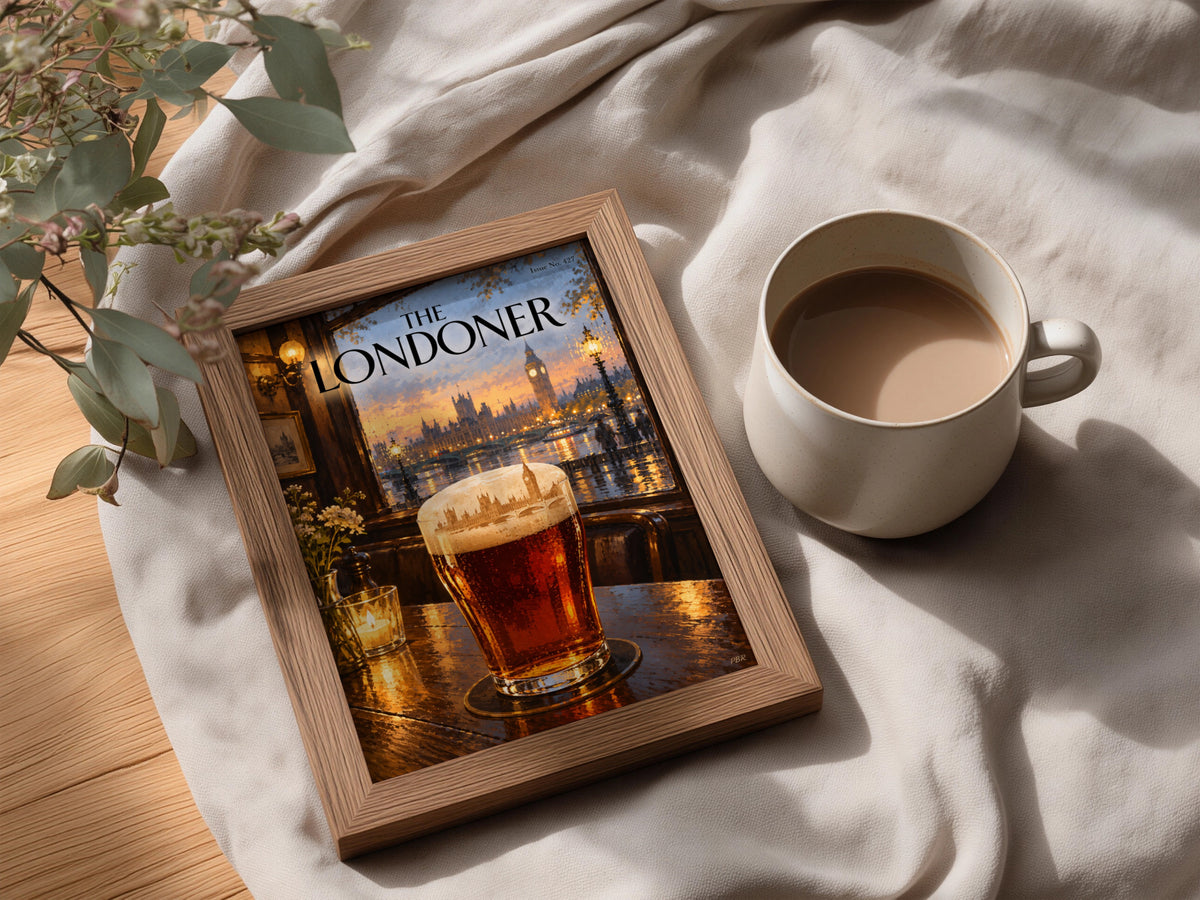 The Londoner Magazine Cover Poster, London Pub Pint at Sunset, Big Ben Wall Art, Pub Decor Print