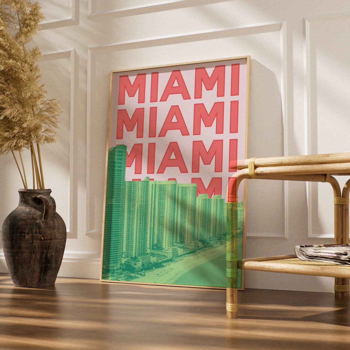 Miami Travel Poster, Florida Retro Wall Art, City Print, Pink Green Bold Typography Decor
