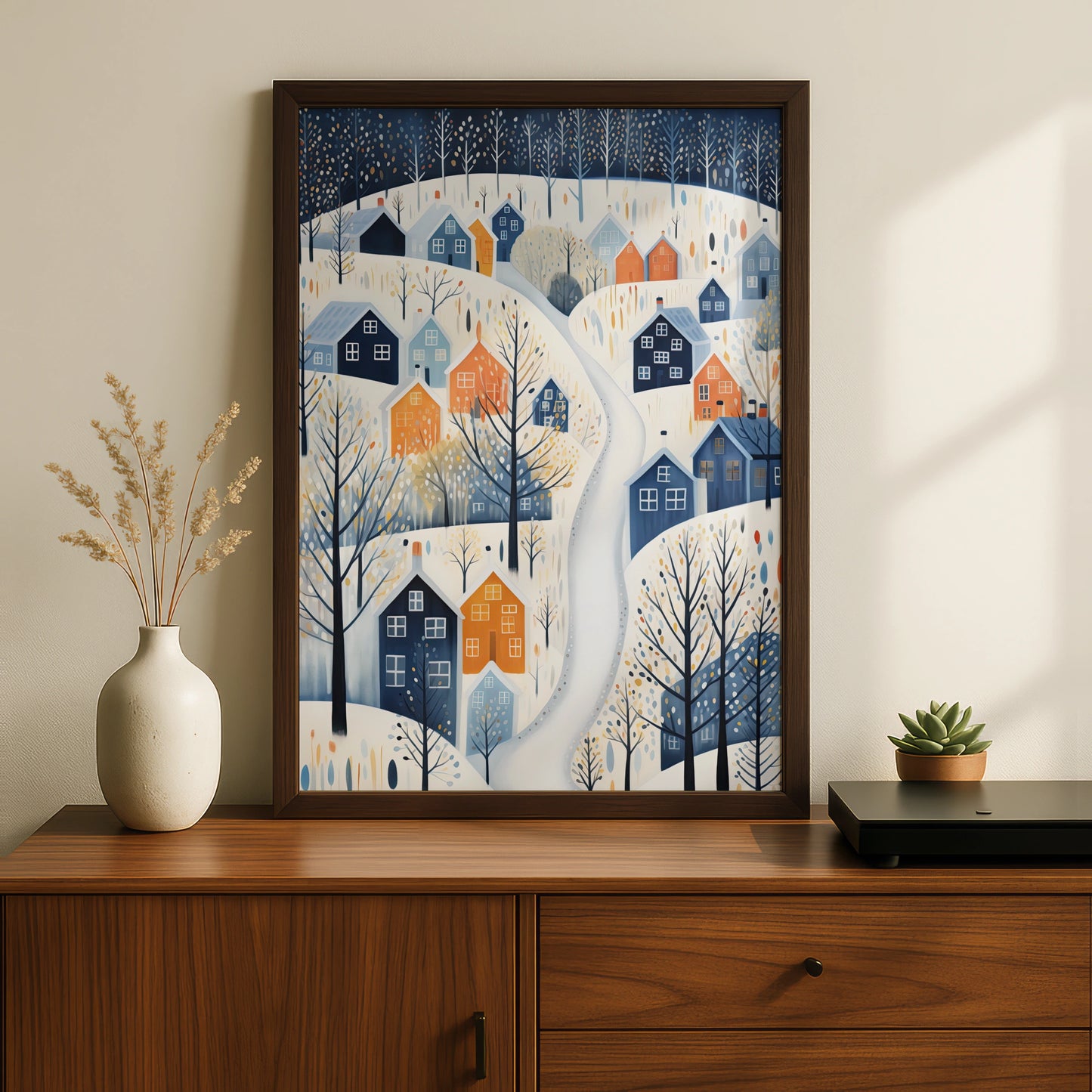 Christmas Winter Village Poster, Snowy Town Wall Art, Nordic Scandi Festive Print