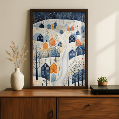 Christmas Winter Village Poster, Snowy Town Wall Art, Nordic Scandi Festive Print