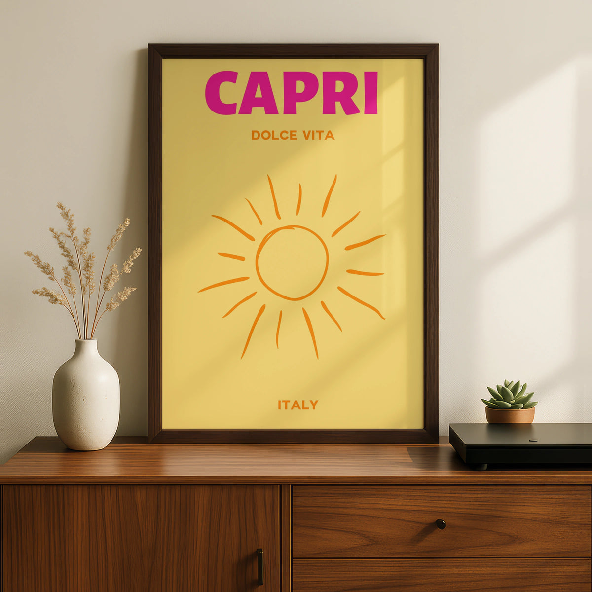 Capri Italy Travel Poster, Dolce Vita Wall Art, Retro Sun Print, Italian Holiday Decor