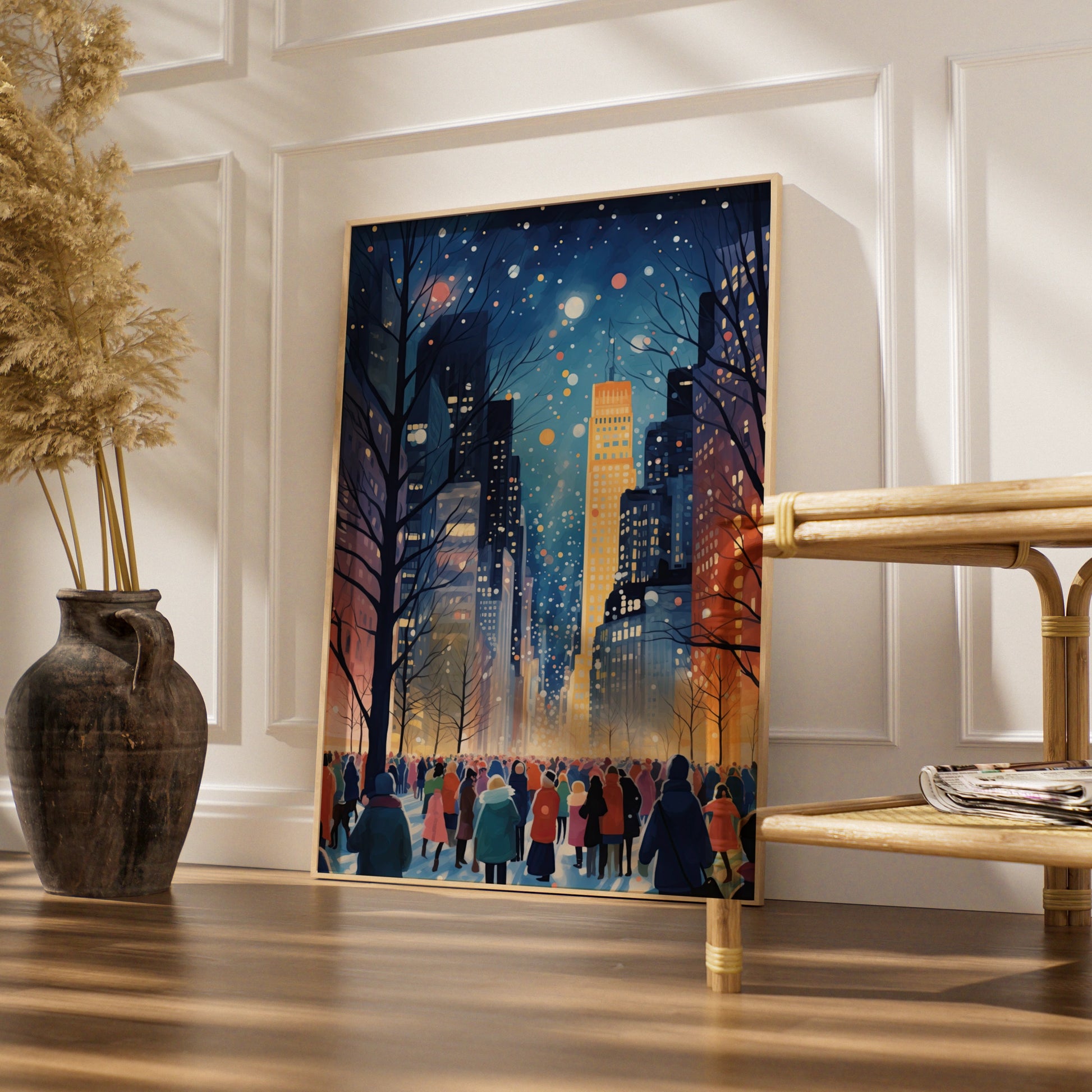 Christmas City Night Poster, Winter Snow Scene Wall Art, Festive New York Print
