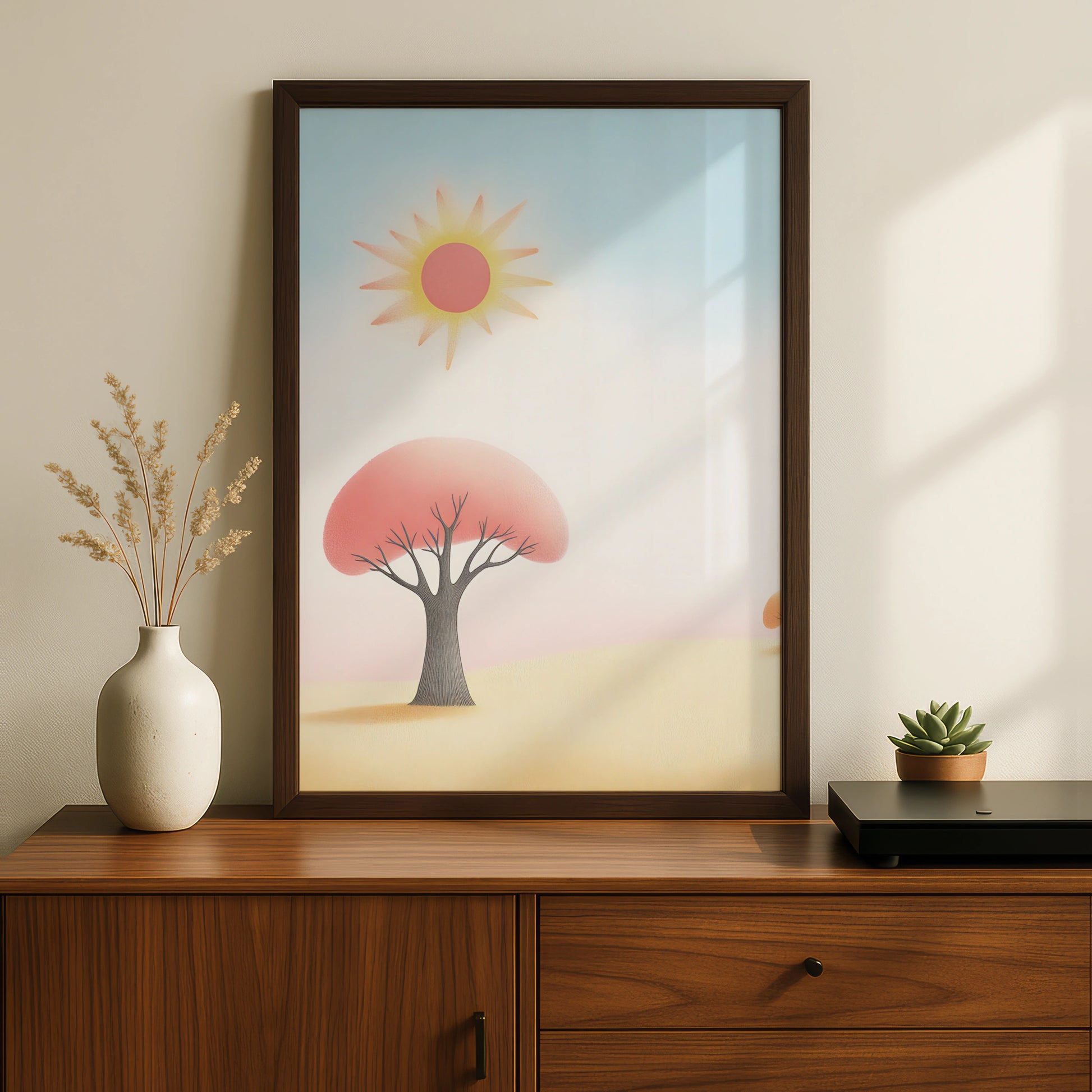 Nursery Wall Art Sun and Tree Print, Pastel Kids Room Poster, Soft Boho Baby Decor