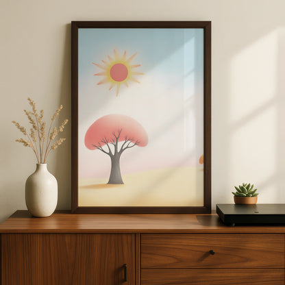 Nursery Wall Art Sun and Tree Print, Pastel Kids Room Poster, Soft Boho Baby Decor