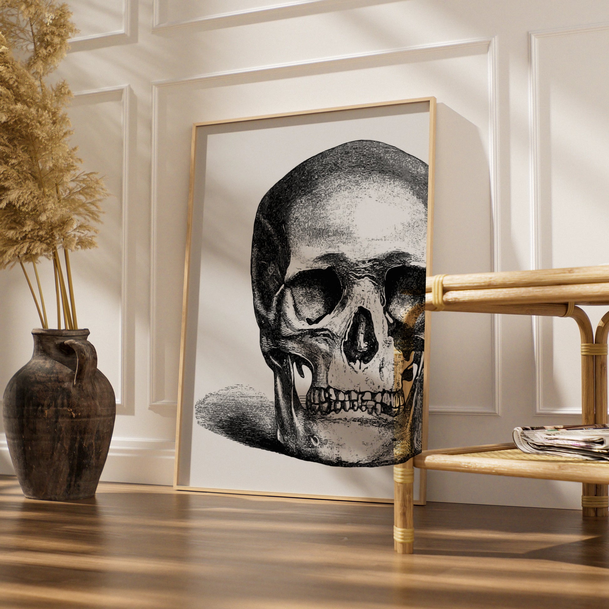 Halloween Skull Poster, Gothic Black White Skull Wall Art, Vintage Engraving Print