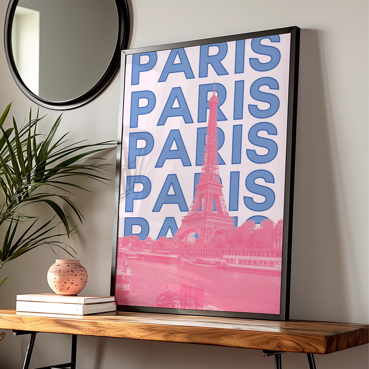 Paris Travel Poster, Eiffel Tower Wall Art, Retro France Print, Pink Blue Modern City Decor