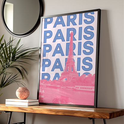Paris Travel Poster, Eiffel Tower Wall Art, Retro France Print, Pink Blue Modern City Decor