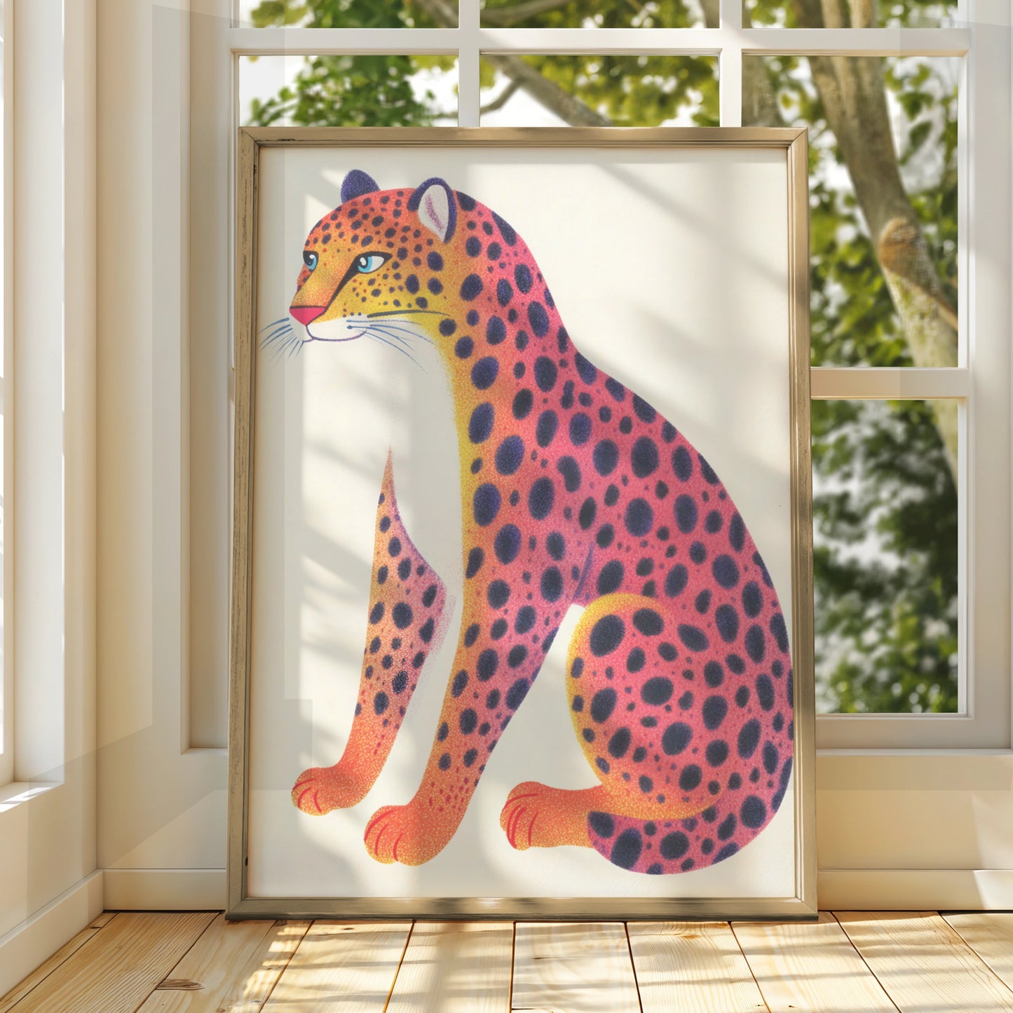 Colourful Leopard Nursery Wall Art, Kids Animal Print, Pink Orange Cheetah Poster