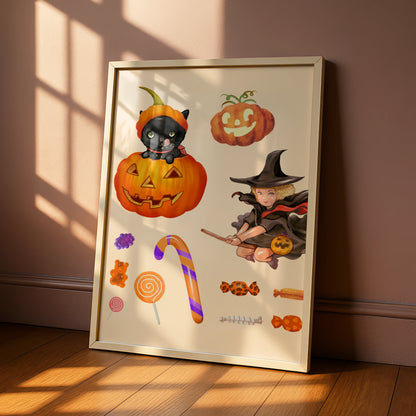 Halloween Witch Black Cat Pumpkin Poster, Trick or Treat Candy Wall Art Print