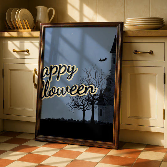 Happy Halloween Haunted House Poster, Spooky Castle Bats Full Moon Wall Art Print