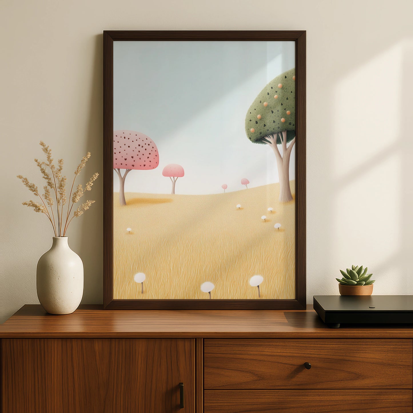 Whimsical Tree Nursery Wall Art, Pastel Meadow Print, Kids Room Poster, Baby Decor