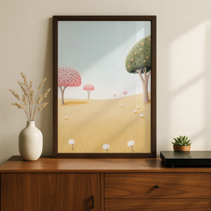 Whimsical Tree Nursery Wall Art, Pastel Meadow Print, Kids Room Poster, Baby Decor
