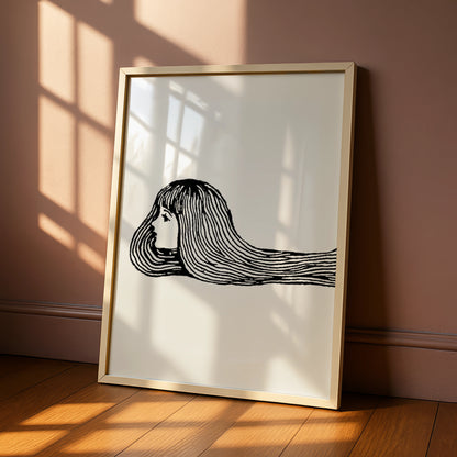 Halloween Witch Hair Poster, Creepy Girl Line Art Print, Black White Spooky Wall Art