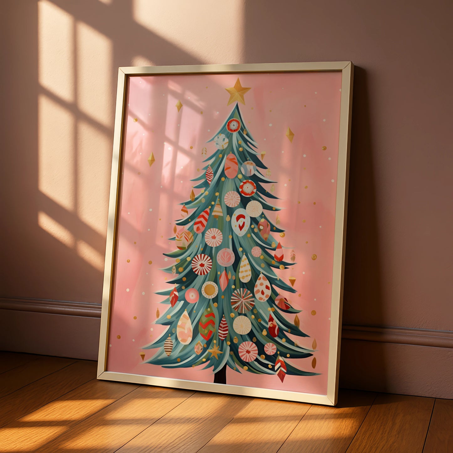 Pink Christmas Tree Poster, Festive Baubles Wall Art, Boho Xmas Print, Holiday Home Decor