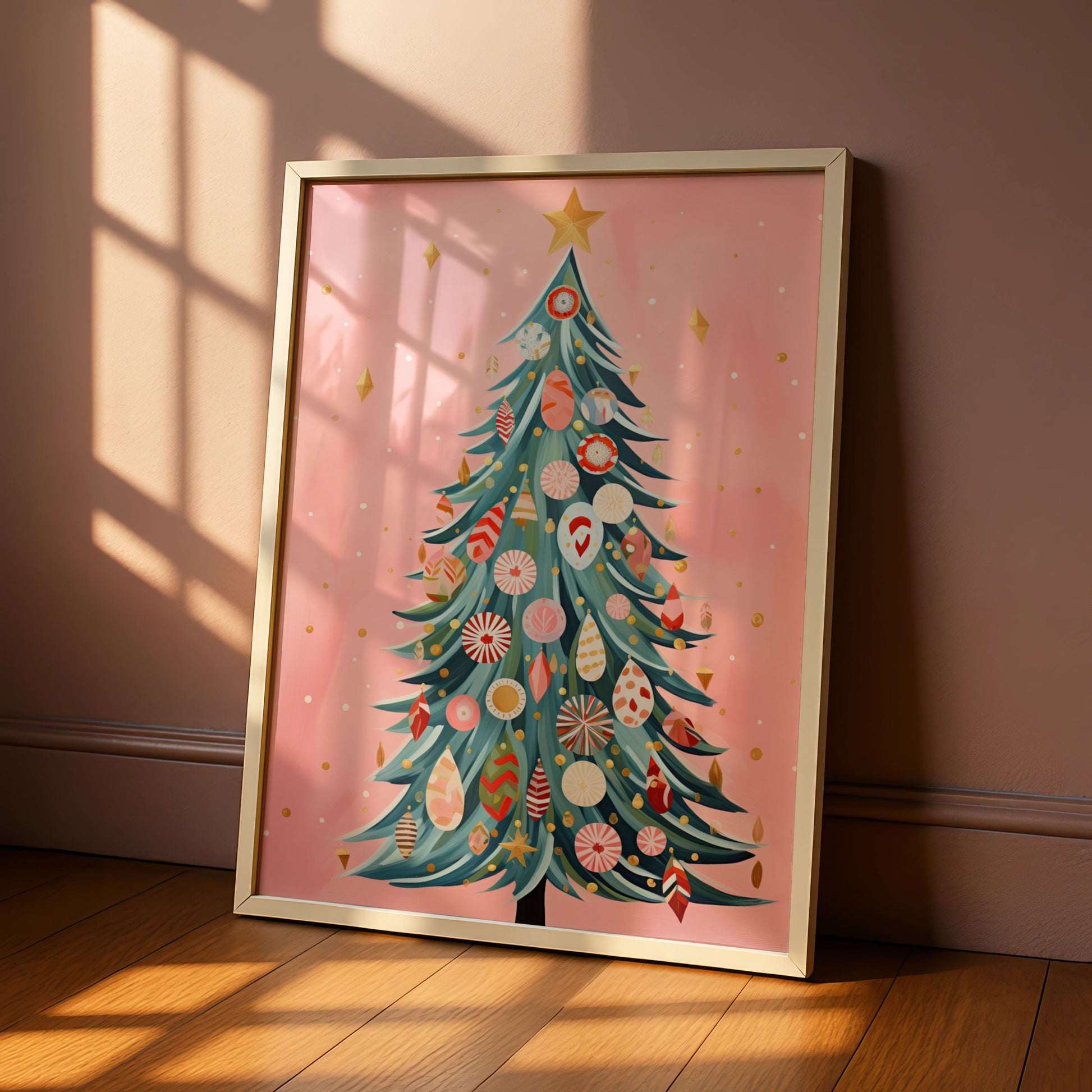 Pink Christmas Tree Poster, Festive Baubles Wall Art, Boho Xmas Print, Holiday Home Decor