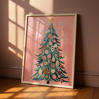 Pink Christmas Tree Poster, Festive Baubles Wall Art, Boho Xmas Print, Holiday Home Decor