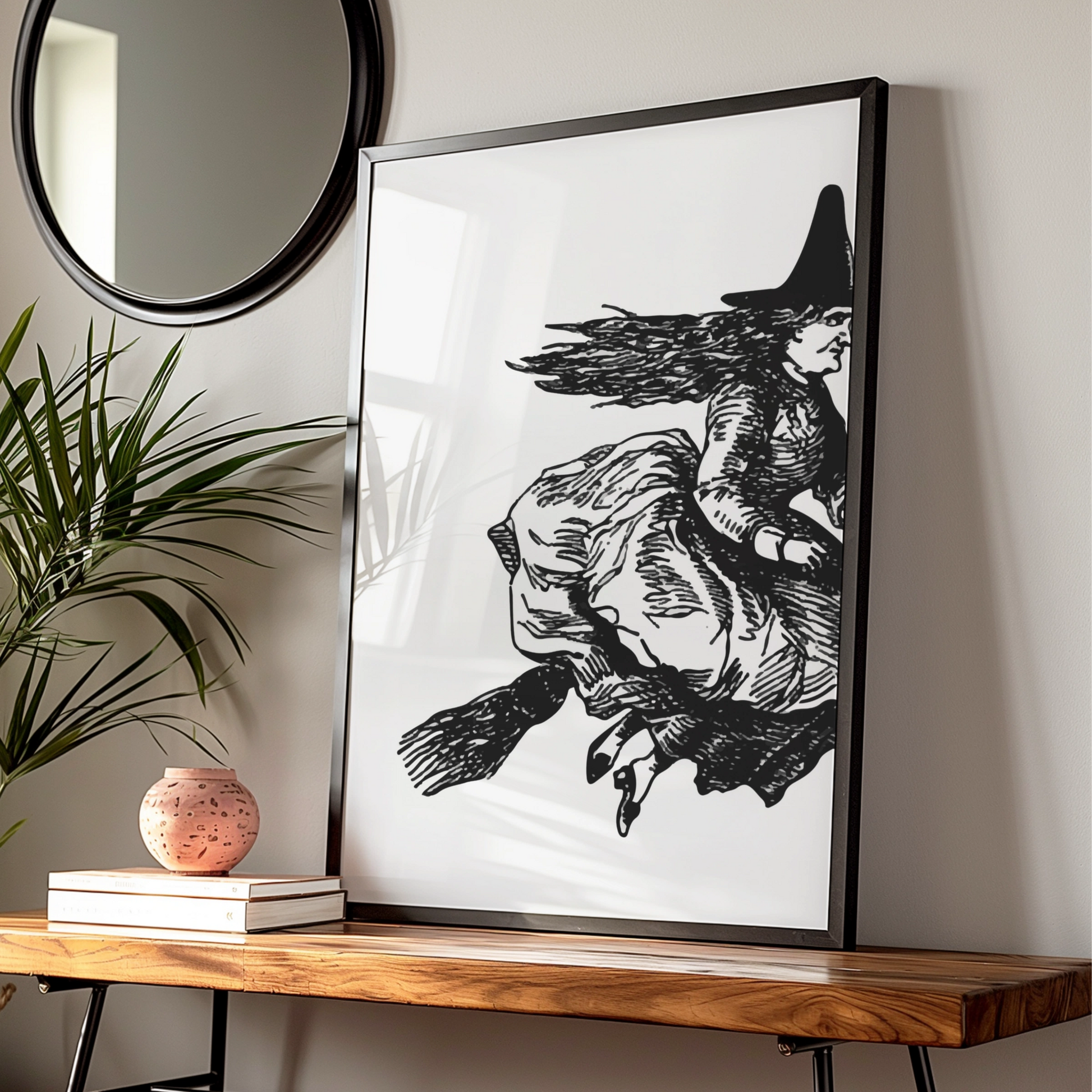 Halloween Witch on Broomstick Poster, Black White Vintage Witch Art Print, Spooky Wall Art