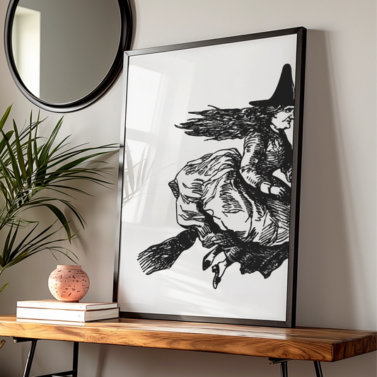 Halloween Witch on Broomstick Poster, Black White Vintage Witch Art Print, Spooky Wall Art