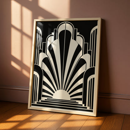 Art Deco Sunburst Poster, Monochrome Wall Art, Black and White Geometric Print