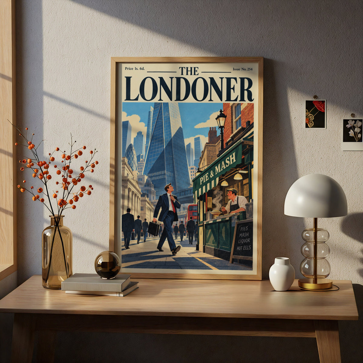 London Poster, Vintage Magazine Cover Wall Art, City Skyline Pie and Mash Art Print, Living Room