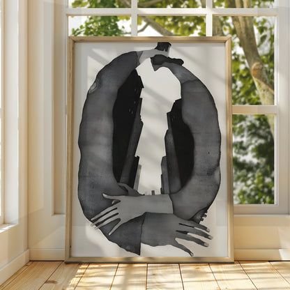 Abstract Figure Embrace Monochrome Wall Art, Black and White Modern Print, Gallery Wall Poster