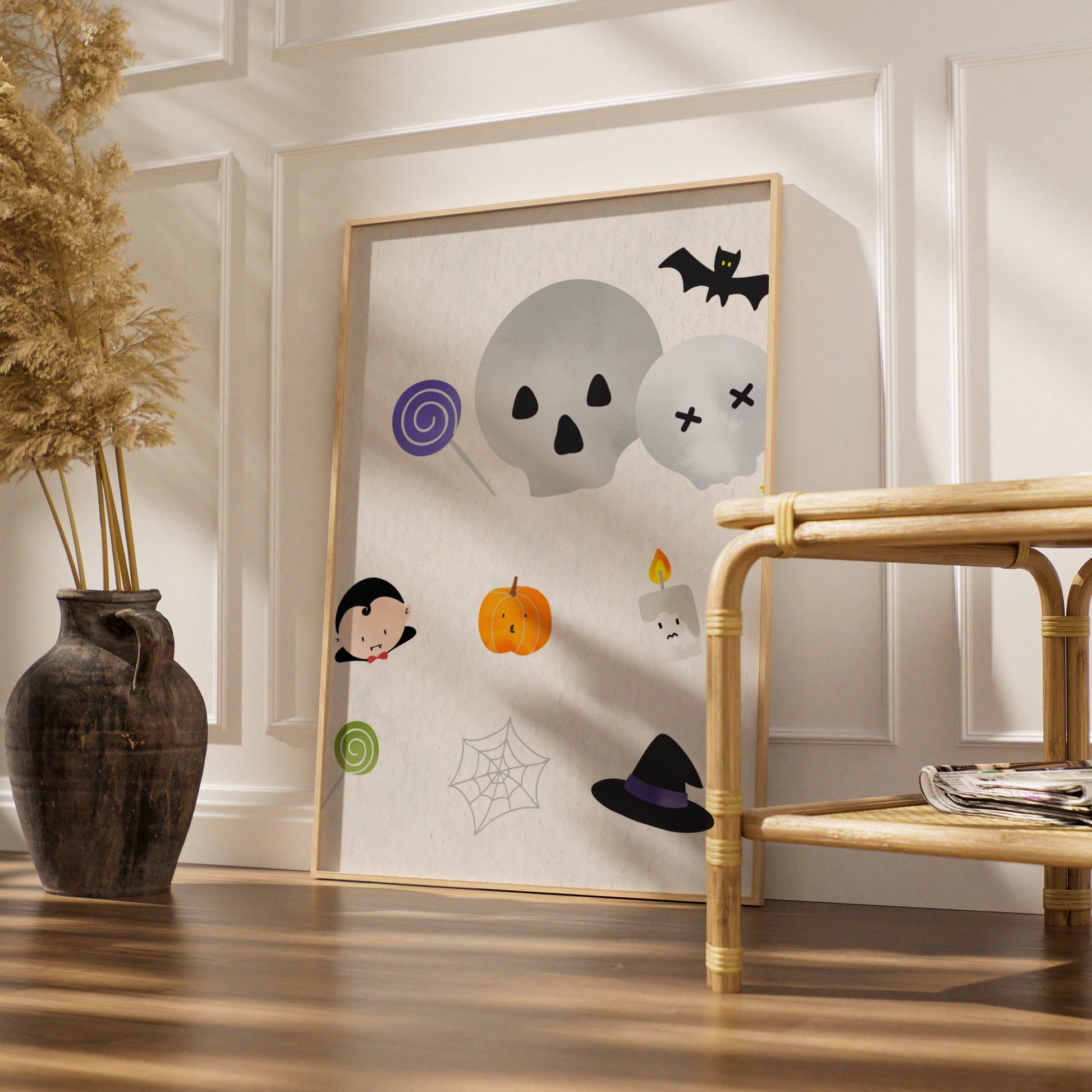 Cute Halloween Wall Art, Spooky Icons Poster, Skull Bat Pumpkin Witch Hat Print