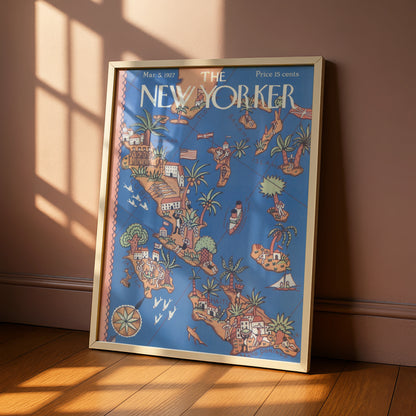 New Yorker 1927 Caribbean Map Cover Poster, Havana Cuba Jamaica Haiti Vintage Art
