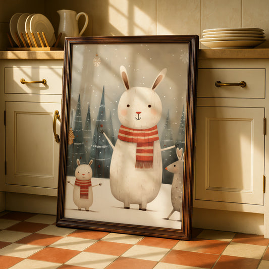 Christmas Bunny Poster, Cute Rabbit Winter Snow Print, Kids Festive Wall Art