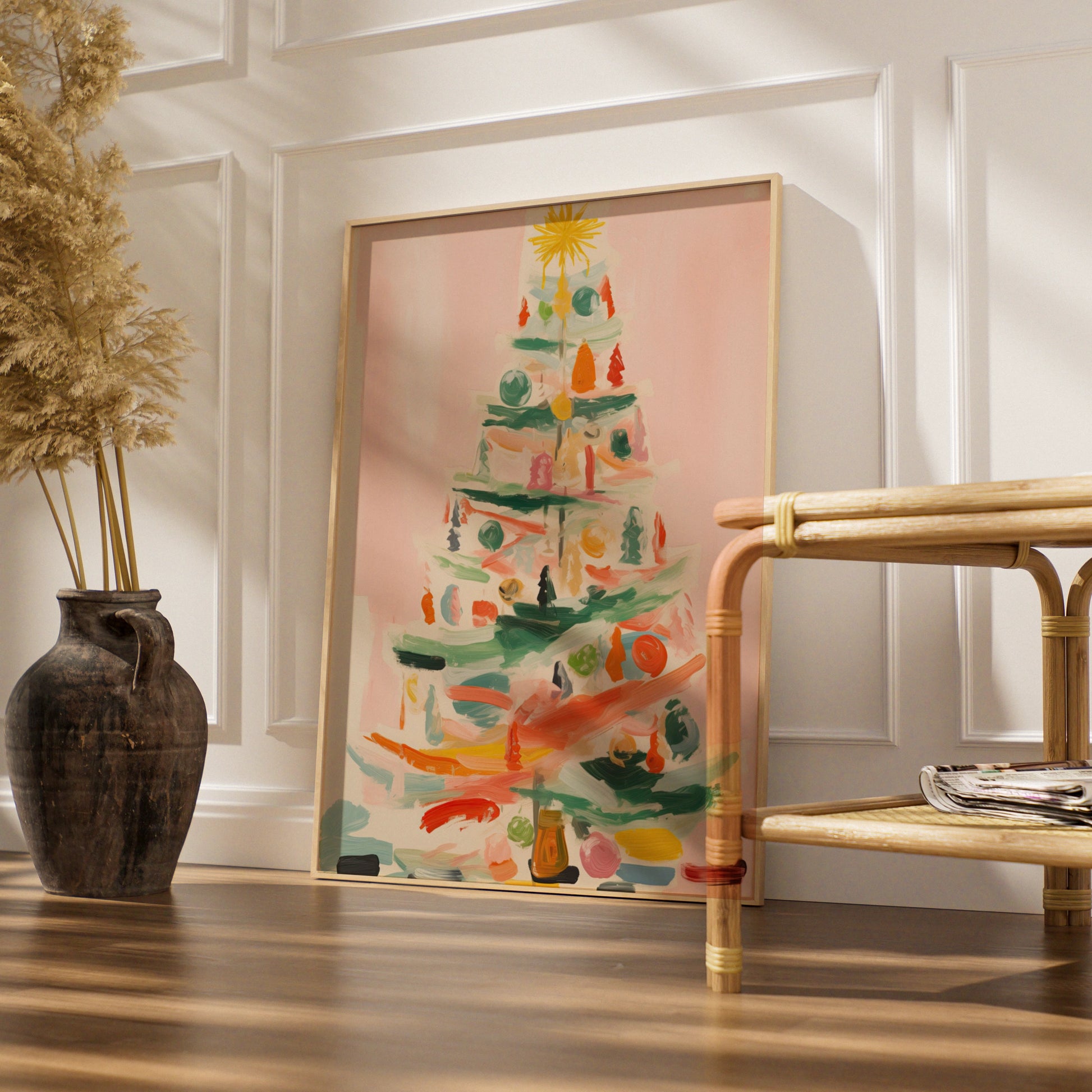 Christmas Tree Poster, Colourful Abstract Xmas Wall Art, Festive Holiday Print, Pastel Pink Decor