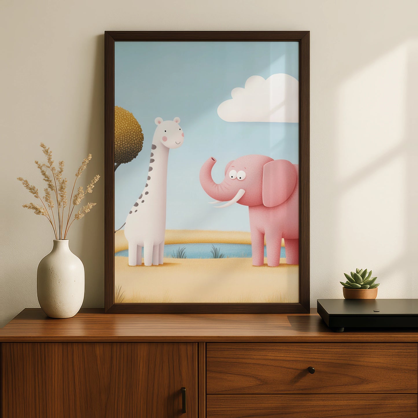 Giraffe Elephant Nursery Wall Art, Cute Safari Animal Print, Baby Room Poster