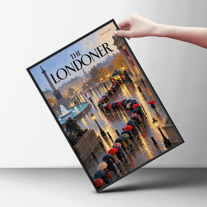 The Londoner Poster, London Wall Art, Trafalgar Square Rainy Evening Art Print, Magazine Cover Style