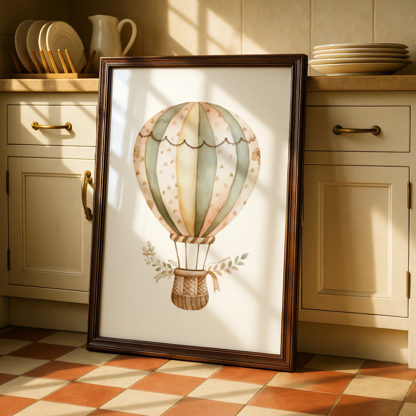 Hot Air Balloon Nursery Wall Art, Boho Baby Poster, Sage Green Neutral Decor Print