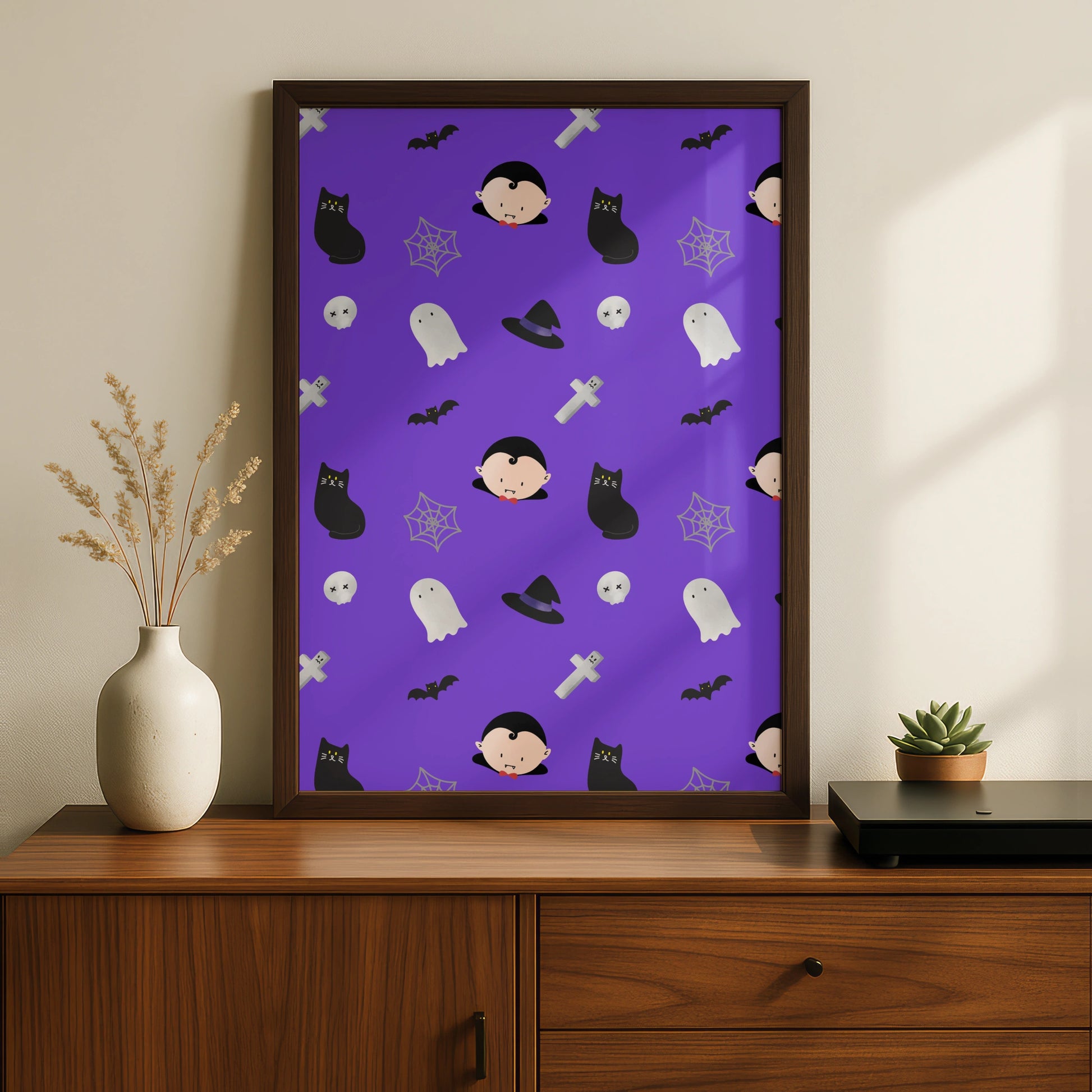 Halloween Pattern Poster, Cute Ghost Vampire Bat Black Cat Wall Art Print