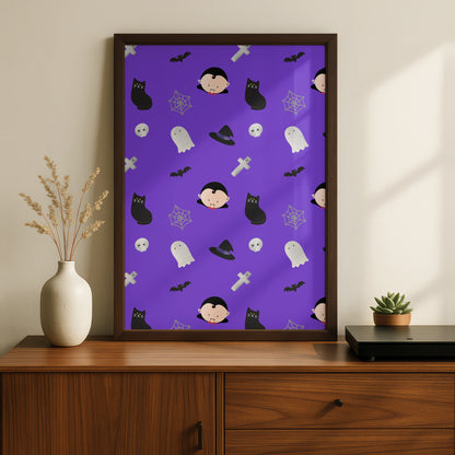 Halloween Pattern Poster, Cute Ghost Vampire Bat Black Cat Wall Art Print